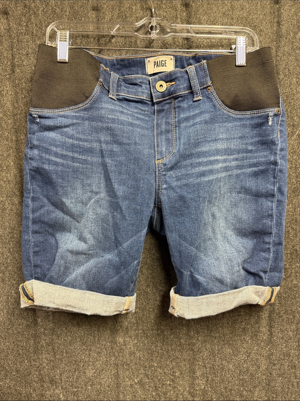 PAIGE Blue Denim Maternity Bermuda Shorts with Black Stretch Waistband